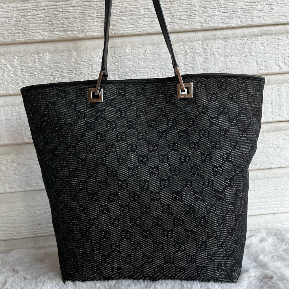 GUCCI Black Monogram Tote Y2K Vintage Shoulder Bag GG Web - Picture 4 of 11